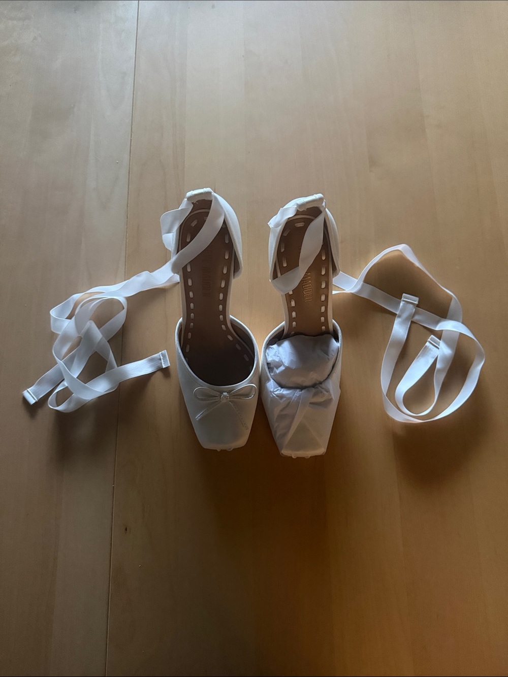 Steve Madden White Satin Ankle-Tie Ballet Heels with Bow Detail